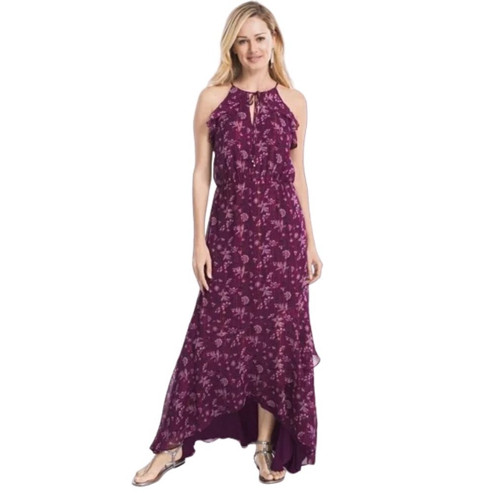 White House Black Market Metallic Thread High Low Maxi Dress